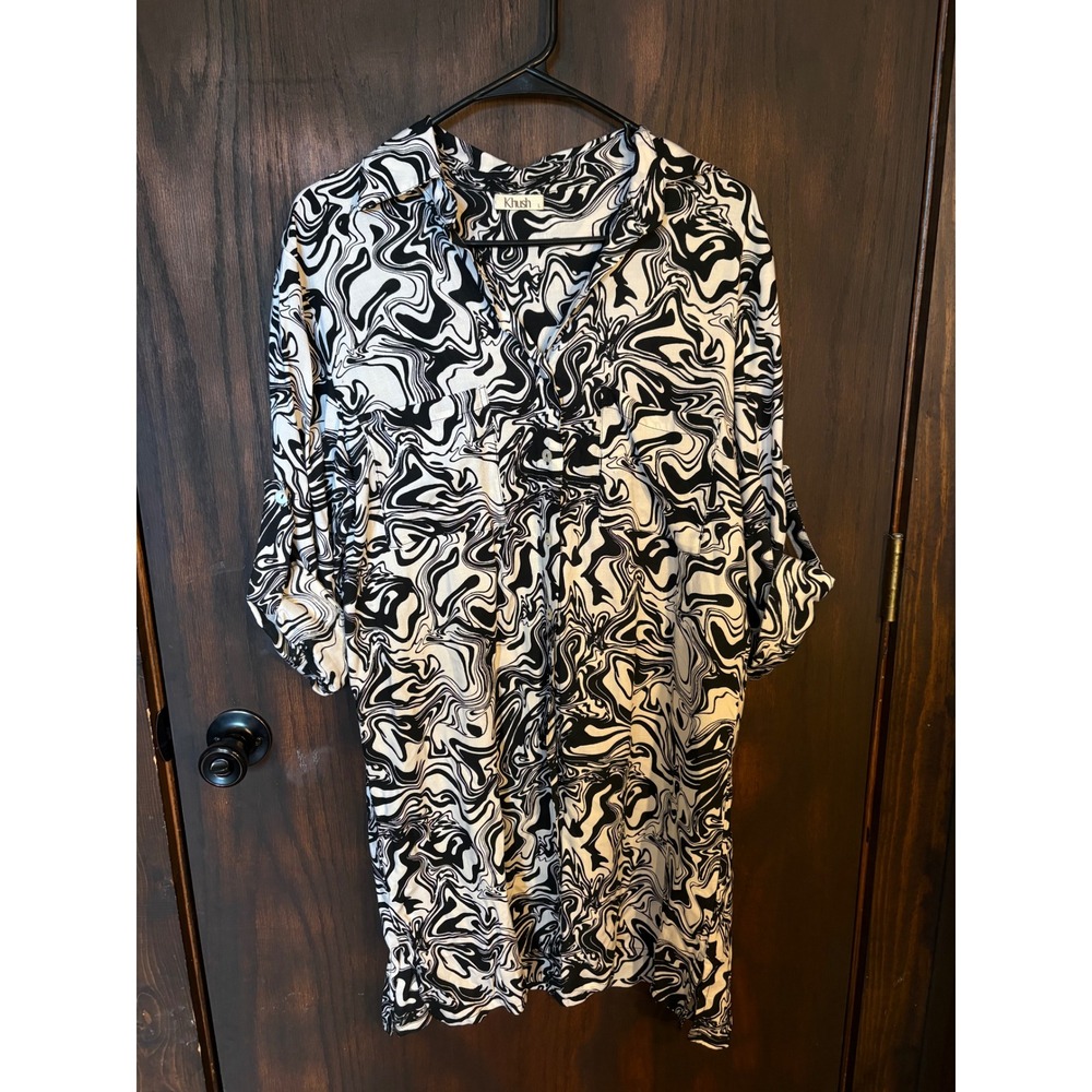 Khush Women L Black White Swirl Marble Print Roll Tab Sleeve Rayon Tunic Dress